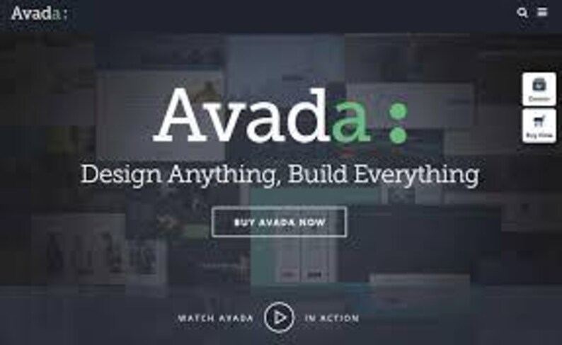 Puede incluir: Una interfaz de sitio web con tema oscuro que muestra el texto Avada: Design Anything, Build Everything en blanco y verde. Un bot&oacute;n Buy Avada Now est&aacute; centrado, con un icono de reproducci&oacute;n Watch Avada in Action debajo e iconos de navegaci&oacute;n.