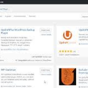 May include: A WordPress dashboard interface displaying the Add Plugins page with a list of available software extensions including UpdraftPlus WordPress Backup Plugin, UpdraftCentral Dashboard, WP-Optimize, and Exclude Image Thumbnails.