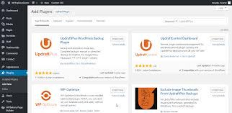 May include: A WordPress dashboard interface displaying the Add Plugins page with a list of available software extensions including UpdraftPlus WordPress Backup Plugin, UpdraftCentral Dashboard, WP-Optimize, and Exclude Image Thumbnails.