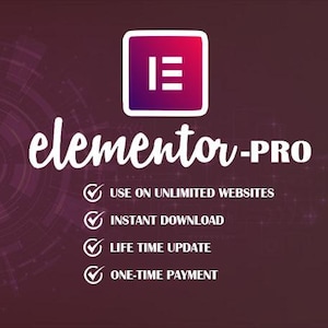 May include: A digital graphic for Elementor Pro featuring a purple and red gradient square icon with a white logo. The text reads Elementor-Pro followed by a list of features: Use on unlimited websites, instant download, life time update, one-time payment.