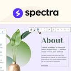 K&ouml;nnte beinhalten: Eine digitale Benutzeroberfl&auml;che f&uuml;r Spectra mit einem Website-Builder-Layout, hellviolettem Hintergrund, einer gr&uuml;nen Pflanzengrafik und Textbl&ouml;cken. Der Bildschirm zeigt einen About-Bereich mit Platzhaltertext und einer Bearbeitungsleiste.