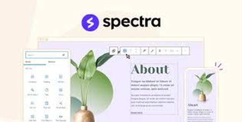 K&ouml;nnte beinhalten: Eine digitale Benutzeroberfl&auml;che f&uuml;r Spectra mit einem Website-Builder-Layout, hellviolettem Hintergrund, einer gr&uuml;nen Pflanzengrafik und Textbl&ouml;cken. Der Bildschirm zeigt einen About-Bereich mit Platzhaltertext und einer Bearbeitungsleiste.