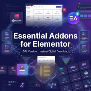 May include: A digital graphic for Essential Addons for Elementor featuring a dark purple background with glowing light trails. The text reads Essential Addons for Elementor, GPL Version, and Instant Digital Download, surrounded by various UI icons.