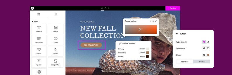 May include: A digital website builder interface displaying a New Fall Collection landing page with a hero image of a person in a hat, featuring a color picker tool, global colors settings, and a button customization menu with typography and color options.