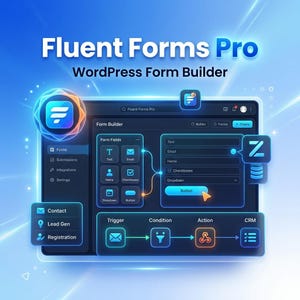 May include: A digital interface for Fluent Forms Pro WordPress Form Builder featuring a dark blue dashboard with glowing neon accents. The layout displays form fields, a drag-and-drop builder, and a workflow automation sequence with trigger, condition, and action icons.