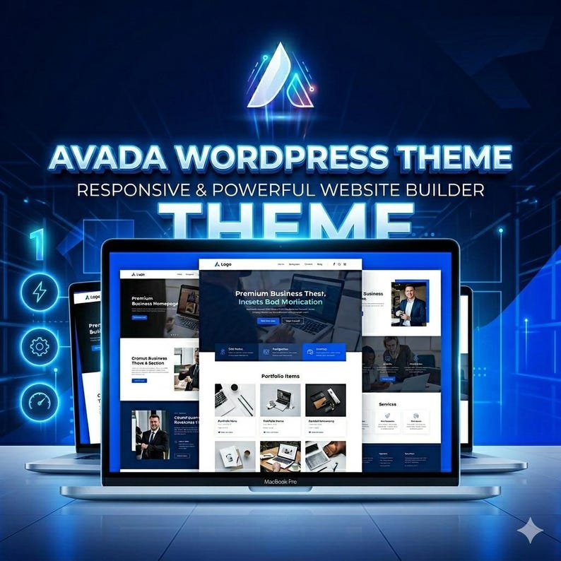 Puede incluir: Una pantalla digital del tema de WordPress Avada, un constructor de sitios web receptivo y potente. La pantalla muestra un dise&ntilde;o de varias columnas con plantillas de sitios web comerciales, elementos de portafolio y secciones de servicios.