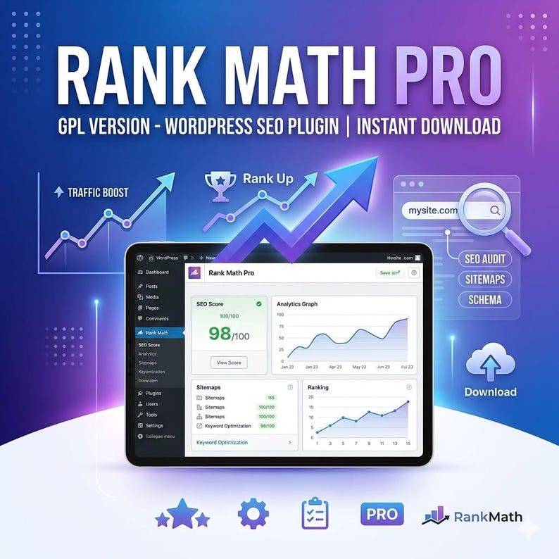 May include: A digital graphic for Rank Math Pro WordPress SEO plugin featuring a tablet screen displaying an SEO dashboard with a 98/100 score, analytics graphs, and sitemap data. The background is a blue and purple gradient with icons.