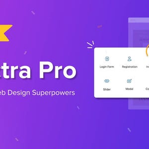 K&ouml;nnte beinhalten: Eine violette Werbegrafik f&uuml;r Spectra Pro mit dem Text Introducing Spectra Pro Unleash Your Web Design Superpowers Like a Pro. Ein wei&szlig;es Feld zeigt Symbole f&uuml;r Login Form, Registration, Instagram, Slider, Modal und Countdown.