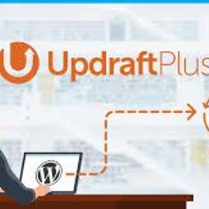 May include: A digital graphic featuring the UpdraftPlus logo and a person working on a laptop with a WordPress icon on the screen. An orange dashed arrow points from the laptop to an orange circular icon labeled Backup, with Contabo and How2 text.