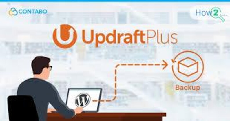 May include: A digital graphic featuring the UpdraftPlus logo and a person working on a laptop with a WordPress icon on the screen. An orange dashed arrow points from the laptop to an orange circular icon labeled Backup, with Contabo and How2 text.
