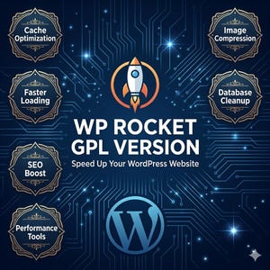 May include: A dark blue digital graphic featuring a central rocket icon and the text WP ROCKET GPL VERSION Speed Up Your WordPress Website. Surrounding the center are six ornate frames containing the labels Cache Optimization, Faster Loading, SEO Boost, Performance Tools, Image Compression, and Database Cleanup.