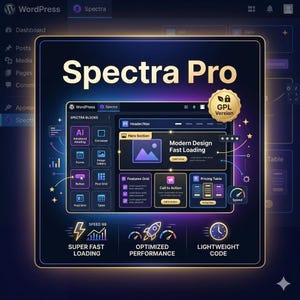 K&ouml;nnte beinhalten: Eine digitale Benutzeroberfl&auml;che f&uuml;r Spectra Pro auf dunkelblauem Hintergrund mit leuchtenden Neon-Akzenten. Die Anzeige zeigt ein Block-Editor-Dashboard mit Symbolen f&uuml;r KI, Formulare und Raster sowie Textbeschriftungen wie Modern Design Fast Loading.