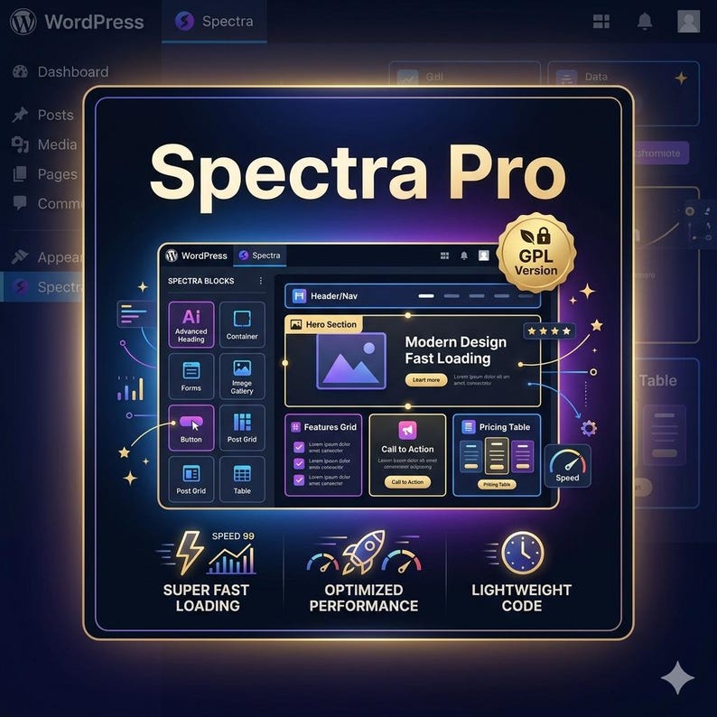 K&ouml;nnte beinhalten: Eine digitale Benutzeroberfl&auml;che f&uuml;r Spectra Pro auf dunkelblauem Hintergrund mit leuchtenden Neon-Akzenten. Die Anzeige zeigt ein Block-Editor-Dashboard mit Symbolen f&uuml;r KI, Formulare und Raster sowie Textbeschriftungen wie Modern Design Fast Loading.