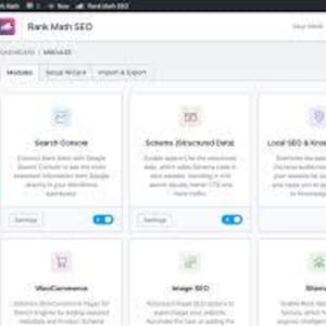 May include: A digital dashboard interface for Rank Math SEO within a WordPress environment, displaying a grid of module cards including Search Console, Schema, Local SEO, WooCommerce, Image SEO, and Sitemap with toggle switches for settings.