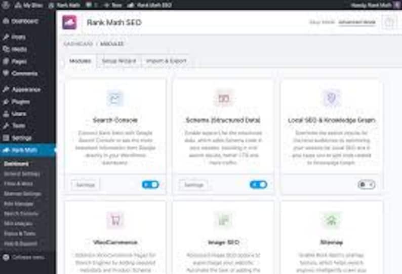 May include: A digital dashboard interface for Rank Math SEO within a WordPress environment, displaying a grid of module cards including Search Console, Schema, Local SEO, WooCommerce, Image SEO, and Sitemap with toggle switches for settings.