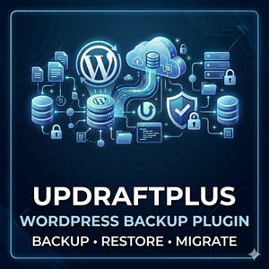 May include: A digital graphic for UpdraftPlus WordPress backup plugin featuring a glowing blue network of icons including a WordPress logo, cloud storage, database cylinders, security shields, and padlocks with the text Backup, Restore, Migrate.