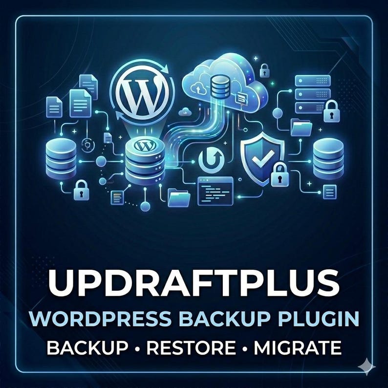 May include: A digital graphic for UpdraftPlus WordPress backup plugin featuring a glowing blue network of icons including a WordPress logo, cloud storage, database cylinders, security shields, and padlocks with the text Backup, Restore, Migrate.