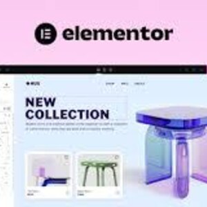 May include: A digital interface displaying a website editor with the Elementor logo at the top. The screen shows a product page for a new collection featuring a translucent purple and blue side table with a square top and four legs.