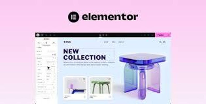 May include: A digital interface displaying a website editor with the Elementor logo at the top. The screen shows a product page for a new collection featuring a translucent purple and blue side table with a square top and four legs.