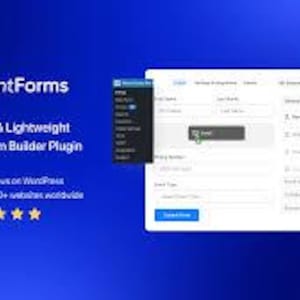 May include: A digital interface for the FluentForms WordPress form builder plugin on a blue background. The display shows a form creation dashboard with input fields, a sidebar menu, and text stating it is the fastest and lightweight plugin.