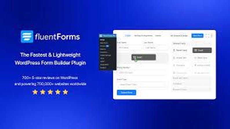May include: A digital interface for the FluentForms WordPress form builder plugin on a blue background. The display shows a form creation dashboard with input fields, a sidebar menu, and text stating it is the fastest and lightweight plugin.