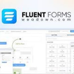 May include: A digital interface for Fluent Forms featuring a blue icon with white horizontal lines, the text Fluent Forms weadown.com, a form builder dashboard with a plus sign, and a data analytics window displaying a purple bar chart.