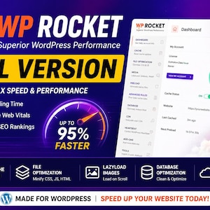 May include: A digital graphic for WP Rocket WordPress performance software featuring a rocket icon, a speed gauge showing up to 95% faster, and a dashboard interface. Text includes GPL VERSION, UNLOCK MAX SPEED & PERFORMANCE, and feature lists.