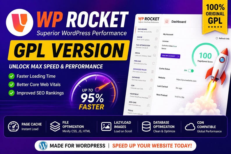 May include: A digital graphic for WP Rocket WordPress performance software featuring a rocket icon, a speed gauge showing up to 95% faster, and a dashboard interface. Text includes GPL VERSION, UNLOCK MAX SPEED & PERFORMANCE, and feature lists.