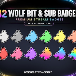 May include: A set of 12 digital wolf head icons for stream badges, featuring various solid colours and gradients including white, grey, blue, green, yellow, peach, red, pink, purple, and rainbow. The text reads 12 WOLF BIT & SUB BADGES.