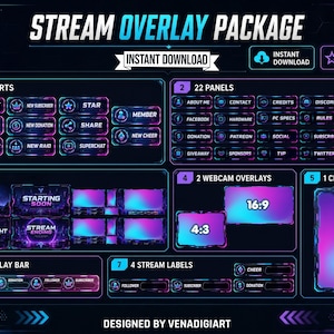 May include: A digital stream overlay package featuring a dark theme with neon blue and purple gradients. Includes 11 alerts, 22 panels, 2 webcam overlays, 1 chat box, 1 overlay bar, and 4 stream labels. Text includes "STREAM OVERLAY PACKAGE" and "INSTANT DOWNLOAD".