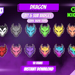 May include: A digital graphic featuring twelve dragon head badges in various colors, designed for Twitch or Kick. The badges are displayed on a purple and black background, with text that reads "DRAGON" and "BIT & SUB BADGES".
