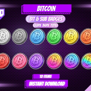 Pode incluir: Gráfico digital com doze emblemas temáticos de Bitcoin em várias cores, incluindo prata, azul, verde, amarelo, laranja, vermelho, rosa, roxo e arco-íris. Os emblemas são redondos com um símbolo 'B' estilizado. O texto inclui 'Bitcoin', 'Bit & Sub Badges' e '12 Items Instant Download'.