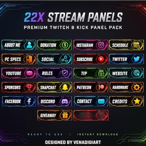 Op de afbeelding: Een set van 22 rechthoekige stream-panelen voor Twitch en Kick, met een donker digitaal interface-ontwerp met neonkleurige randen en iconen. Elk paneel bevat tekstlabels zoals About Me, Donation, Instagram, Schedule en Giveaway.