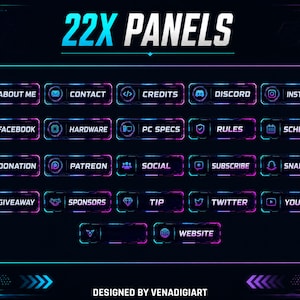 Peut inclure: Graphique numérique avec le texte "22X PANELS" et des boutons pour les réseaux sociaux et les informations. Les boutons incluent "About Me", "Contact", "Credits", "Discord", "Instagram", "Facebook", "Hardware", "PC Specs", "Rules", "Schedule", "Donation", "Patreon", "Social", "Subscribe", "Snapchat", "Giveaway", "Sponsors", "Tip", "Twitter", "YouTube", et "Website".