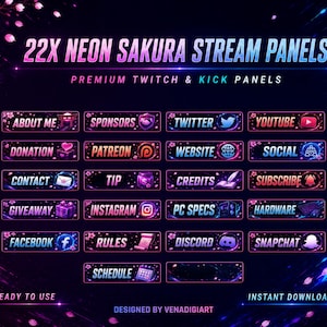 Può includere: Un set di 22 pannelli streaming neon sakura per Twitch e Kick con accenti di fiori di ciliegio rosa su sfondo scuro. I pannelli includono etichette di testo come About Me, Sponsors, Twitter, Youtube, Donation, Patreon, Website, Social, Contact, Tip, Credits, Subscribe, Giveaway, Instagram, PC Specs, Hardware, Facebook, Rules, Discord, Snapchat e Schedule.