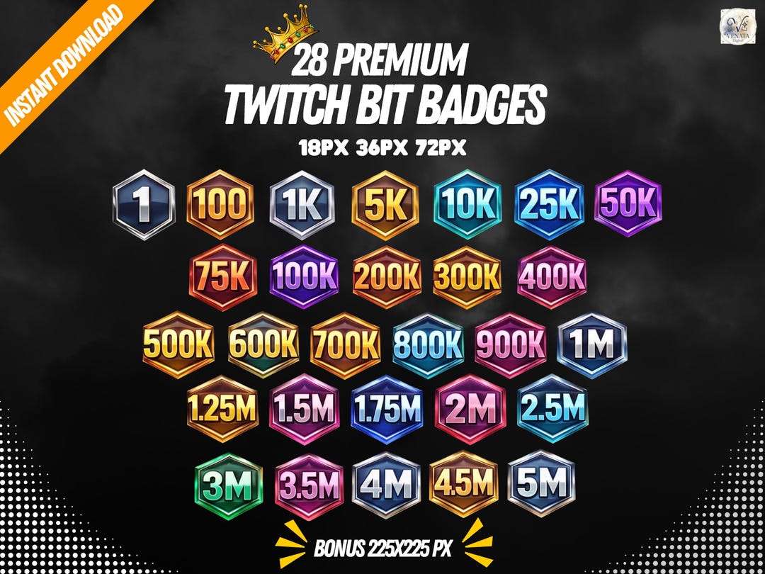 Kickbits 28 Twitch Kick Bit Badges, Glossy Hexagon Loyalty Streamer Assets ...