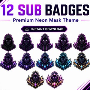 Puede incluir: Doce insignias de suscripción con un tema de máscara de neón premium. Cada insignia presenta una figura encapuchada con una máscara brillante en varios colores, incluyendo negro, morado, azul y dorado. También se incluye el texto "Descarga instantánea".
