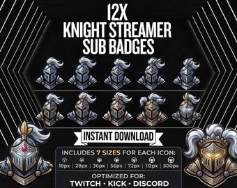 12x Twitch Kick Knight Streamer Sub Badges – Medieval Warrior Emotes (Digital Download)