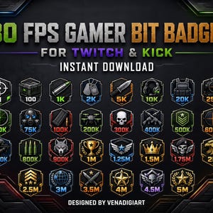 Puede incluir: Una colección digital de 30 insignias de bits de jugador FPS para Twitch y Kick, con varios iconos de temática militar como balas, calaveras y armas dentro de marcos hexagonales con hitos numéricos que van de 1 a 5M sobre fondo oscuro.