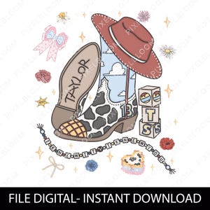 May include: A digital illustration featuring a cow-print cowboy boot with the number 13, a brown hat, a boot sole labeled Taylor, stacked blocks with the letters T, S, and a beaded string spelling I KNEW IT I KNEW YOU, surrounded by flowers and stars.