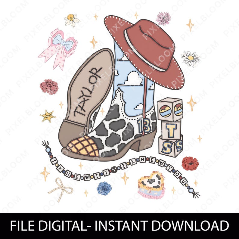 May include: A digital illustration featuring a cow-print cowboy boot with the number 13, a brown hat, a boot sole labeled Taylor, stacked blocks with the letters T, S, and a beaded string spelling I KNEW IT I KNEW YOU, surrounded by flowers and stars.