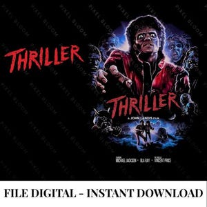 Puede incluir: Un póster gráfico digital para la película Thriller con una figura central en chaqueta roja rodeada de zombis. El texto dice THRILLER, A JOHN LANDIS FILM, STARRING MICHAEL JACKSON, OLA RAY, THE VOICE OF VINCENT PRICE. El fondo es negro.