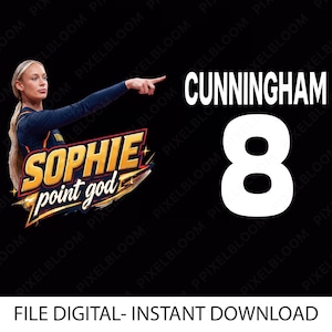 Pode incluir: Um gráfico digital com uma atleta loira em uma camisa azul-escura apontando para a direita. O texto diz CUNNINGHAM, SOPHIE, point god e o número 8. O design inclui detalhes em dourado e branco sobre um fundo preto, arquivo digital.