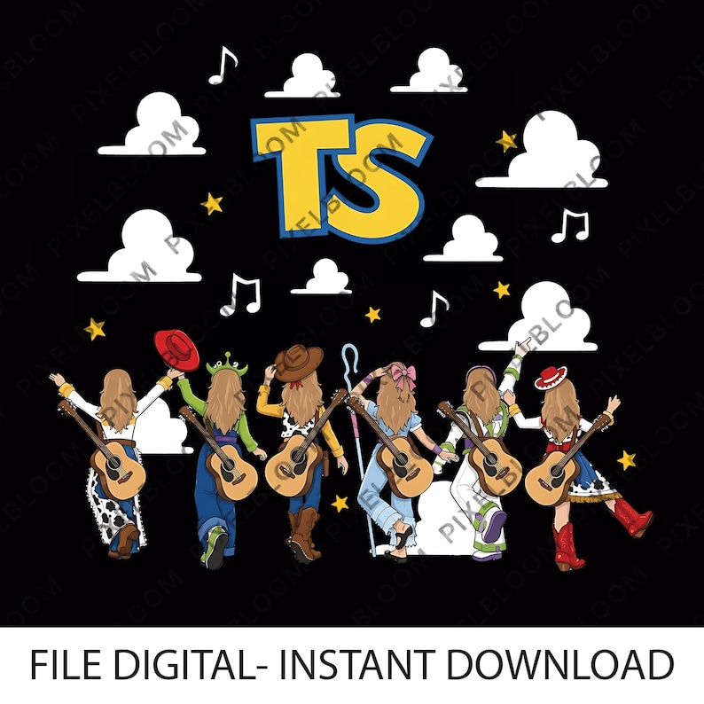 May include: A digital graphic on a black background featuring six figures with long hair seen from behind, each holding an acoustic guitar. Above them, the yellow letters TS are displayed, surrounded by white clouds, musical notes, and yellow stars.