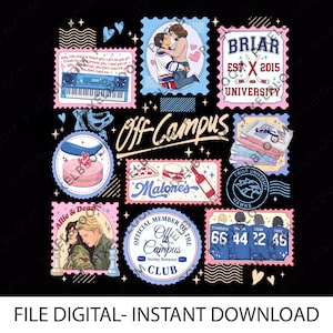 May include: A digital download featuring a collage of postage stamp-style illustrations. The stamps depict couples, food, a hockey club emblem, and text including "Off Campus," "Briar University," and "Malone's." The overall design has a romantic theme.