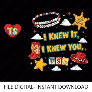 May include: A digital graphic design featuring a red heart with the letters TS, a beaded bracelet with the text You've got a friend in me, a gold sheriff star with Infinity and Beyond, red cowboy boots, a red hat, and blocks spelling TS5.