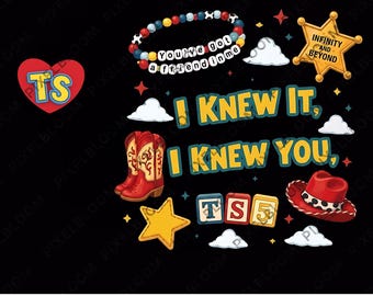 Diseño gráfico para descargar de Toy Story 5 Retro PNG a doble cara, Botas vaqueras occidentales con pulsera de la amistad y la frase "Lo sabía, te conocía", archivo PNG para descargar.