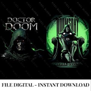 May include: A digital graphic featuring Doctor Doom with glowing red eyes and a hooded cloak, alongside an illustration of the character seated on a throne against a green circular background with the text DOCTOR DOOM and MARVEL STUDIOS.