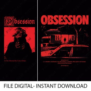 Könnte beinhalten: Zwei digitale Kunstdrucke mit schwarzem Hintergrund und rotem Text und Grafiken. Ein Druck zeigt "Obsession" mit einer rauchenden Person. Der andere Druck zeigt "OBSESSION" mit einem Haus und einem Auto. Der Text "A Film Directed By Curry Barker" steht auf dem ersten Druck.