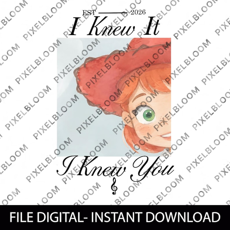 K&ouml;nnte beinhalten: Eine digitale Illustration mit einer Teilansicht einer Figur mit roten Haaren und einem roten Hut vor hellblauem Hintergrund. Der Text lautet EST 2026, I KNEW IT und I KNEW YOU, mit einem Violinschl&uuml;ssel unter der letzten Textzeile.